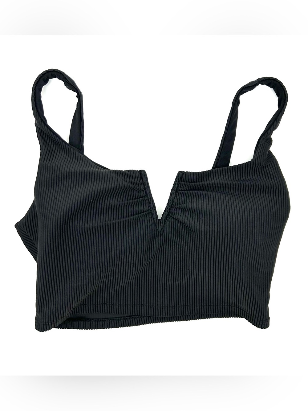 CALIA V Notched Double Scoop Swim Top Ribbed Black